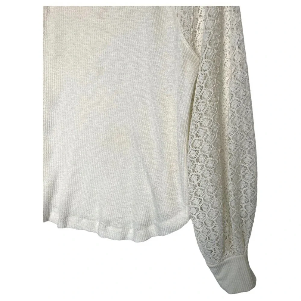 Free People Top Womens S Sweetest Thing Waffle Embroidered Boho Peasant Ivory - Picture 14 of 16